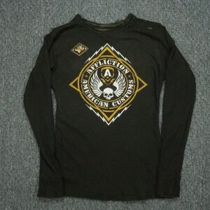 Affliction Pullover Womens Large Green Camo Reversible Crew Thermal Skull VTG